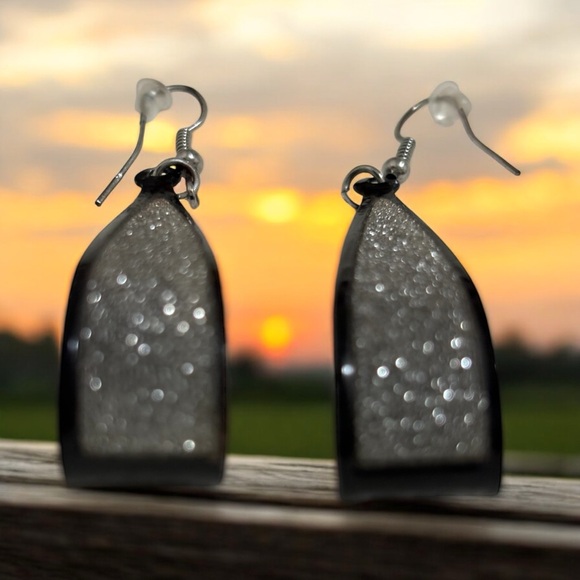 Jewelry - Scoop Earrings 2.75" with Silver Glitter Women's Black